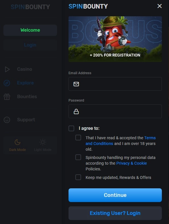 Spin Bounty-registrering